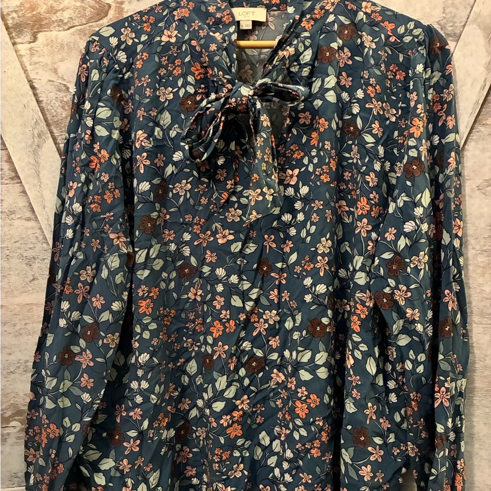 LOFT Floral Print Bow tie Blouse in Blue and Pink